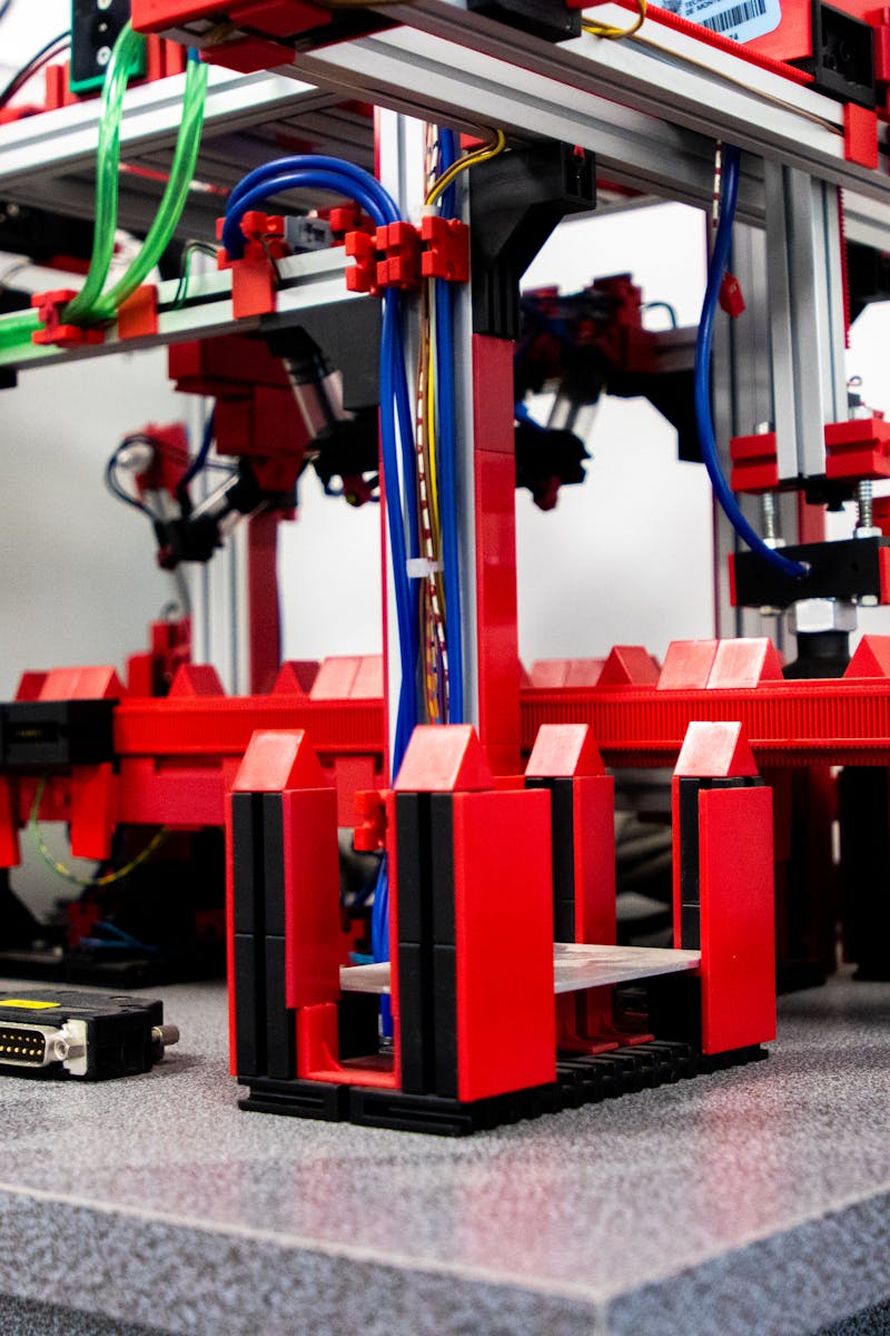 Close-up view of a robotic assembly machine with vibrant red and metallic components.